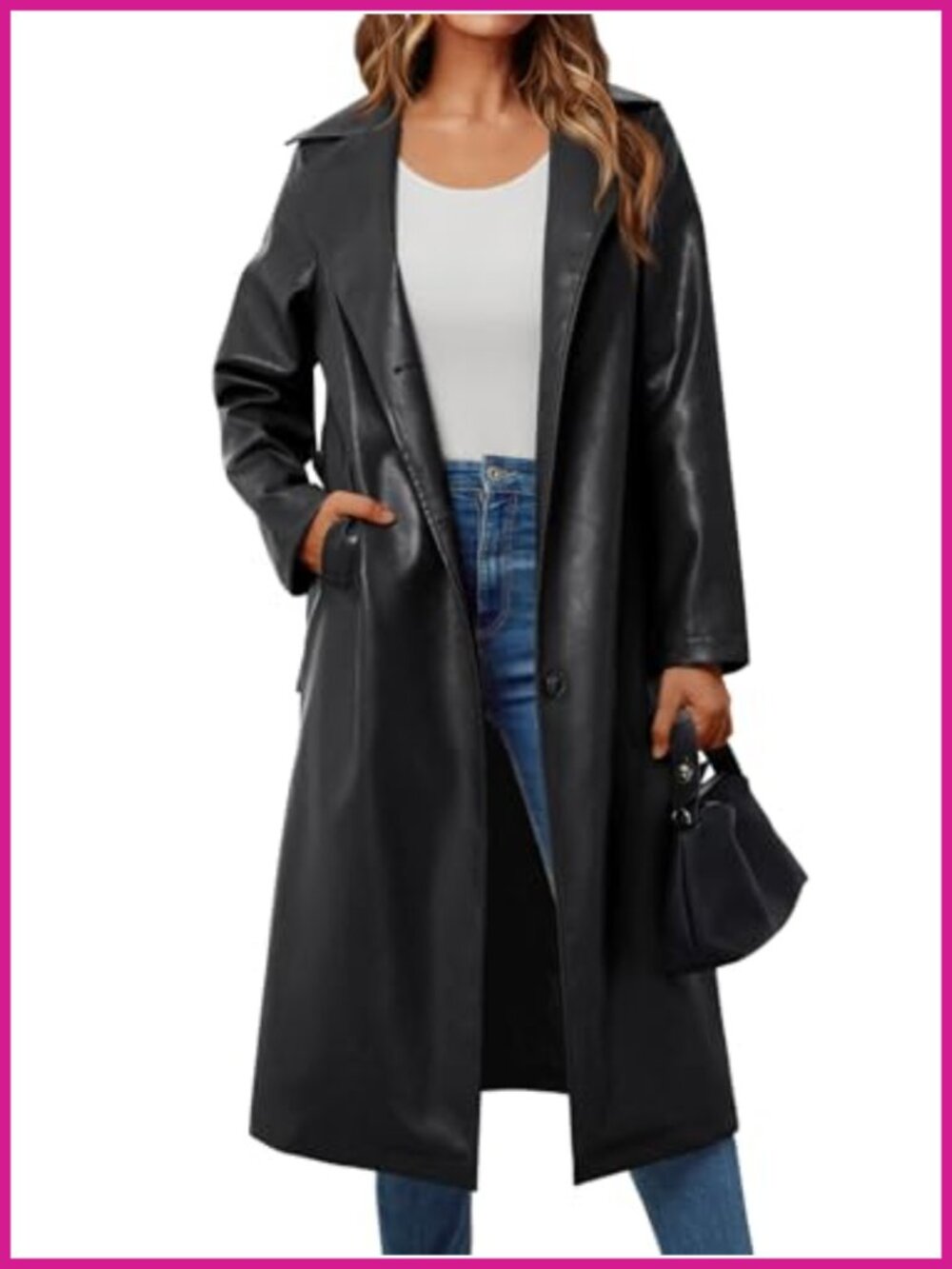 Faux Leather Trench Coat Long Belted Three Breasted Jacket